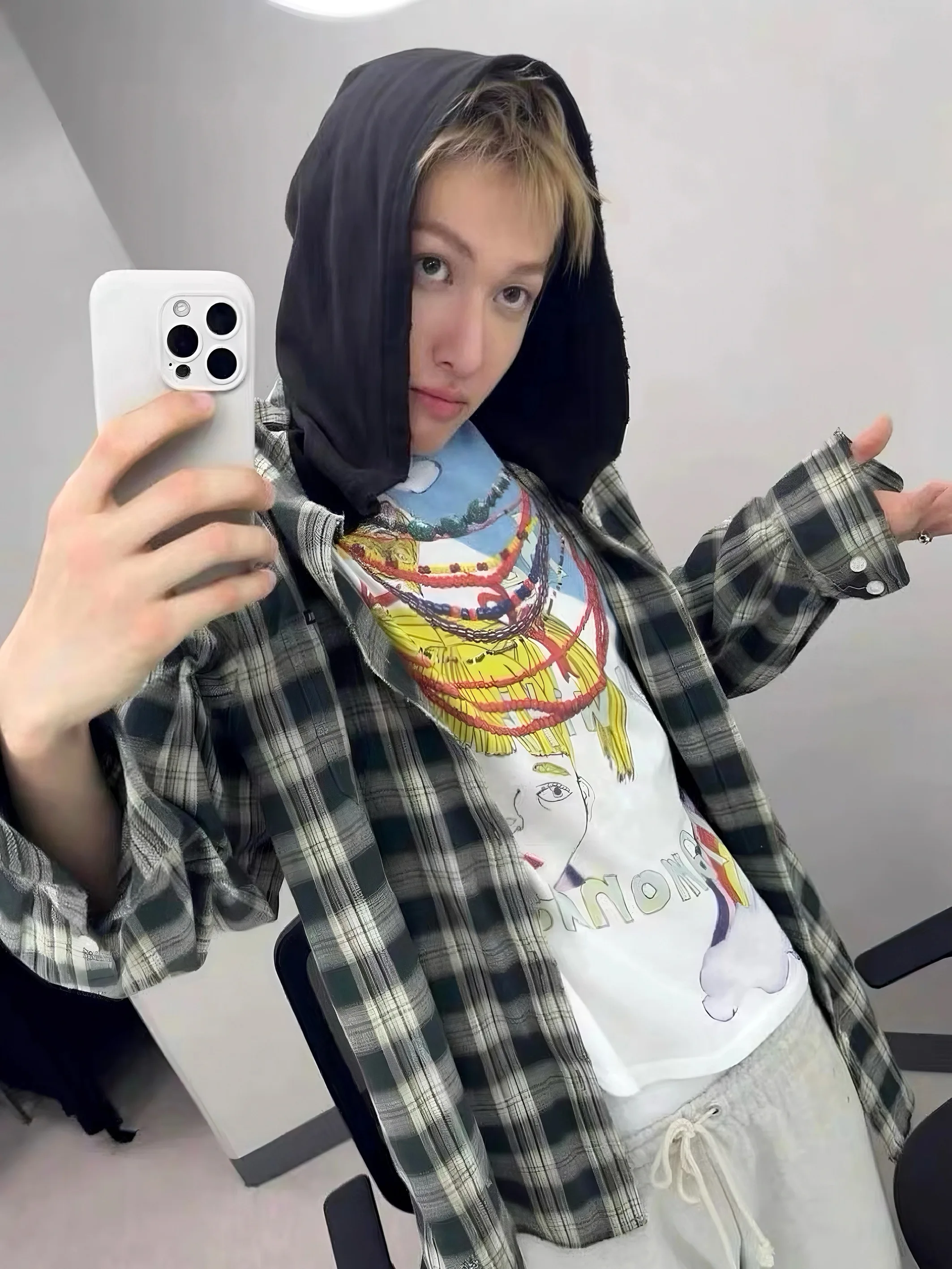 Vintage Destroyed Plaid Hooded Shirt Loose Fit Street Style for Boys And Girls Breathable Cotton Long Sleeve Button up