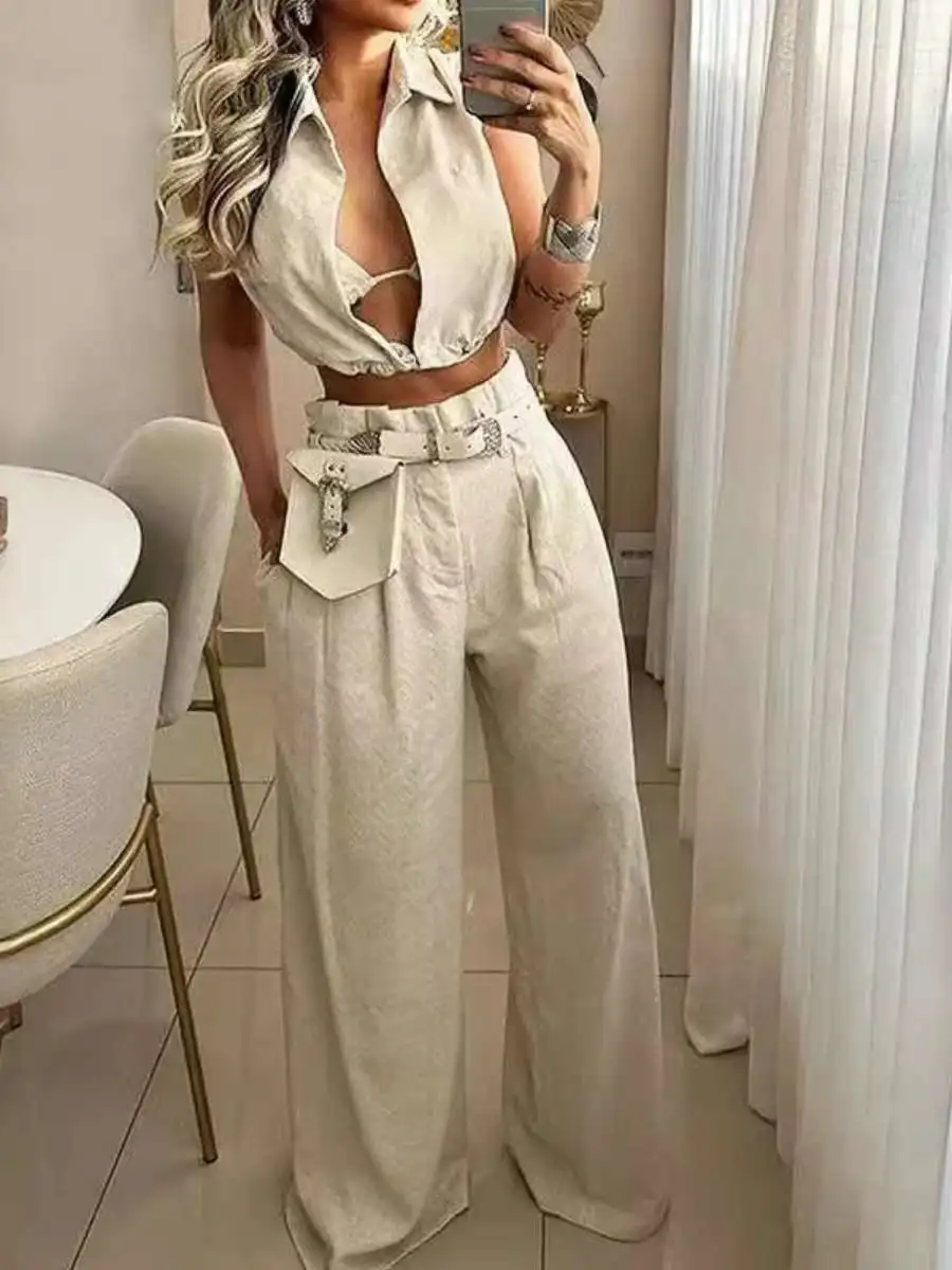 

Casual Fashionable Sleeveless Two-Piece Set Shirt Collar Rope Tied Multiple Pockets Women's Summer Outfit British Style