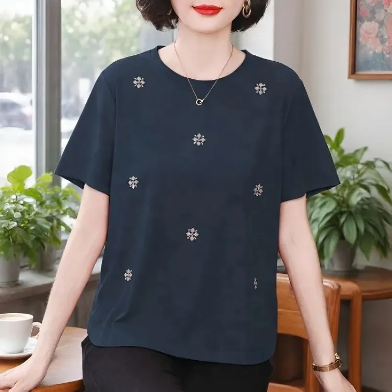 Plus Size Middle Aged Women Summer Floral Rhinestone Round Neck Short Sleeve T Shirt Loose Hide Belly Elegant Mom Blouse