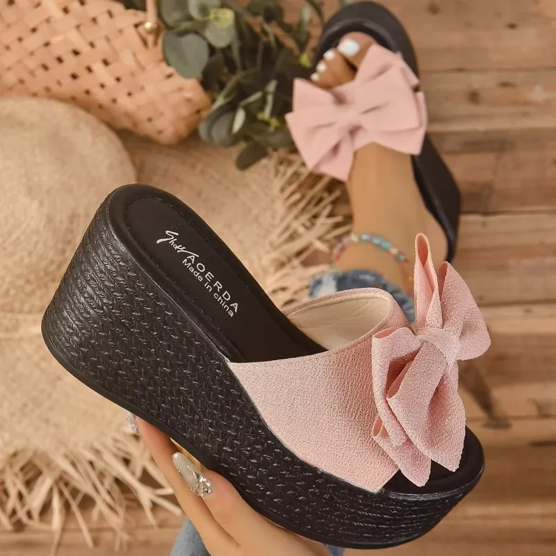 Women Wedge Slippers New Summer Beach Shoes Platform Appliques Butterfly-Knot Female High Heel Sandals Outdoor Clog Slides 35-43