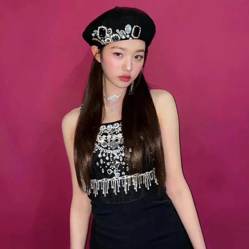 Korean Women Group Jazz Dance Clothes Full Rhinestone Black Tops Kpop Hip Hop Diamond Vest Festival Rave Stage Outfits DWY7969