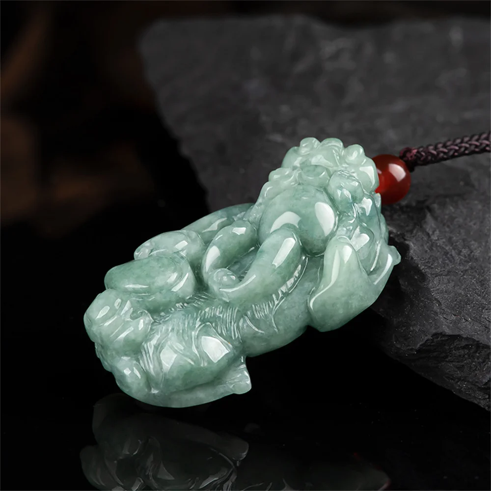 Chinese Handwork Natural Grade A Jadeite Carved Dragon PiXiu Lucky Pendant Amulet Necklace Certificate Trendy Jade  Gift Jewelry