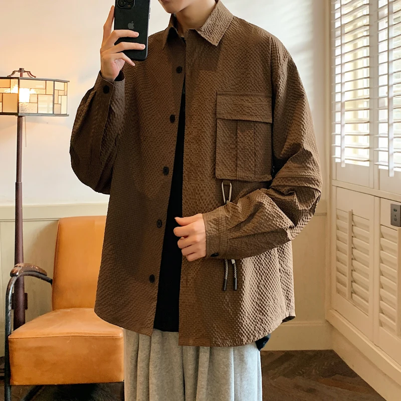 

Съемная мужская рубашка-поло на весну-осень, свободного кроя, в стиле стритстайл, для работы, в американском повседневном стиле, с длинными рукавами, на пуговицах