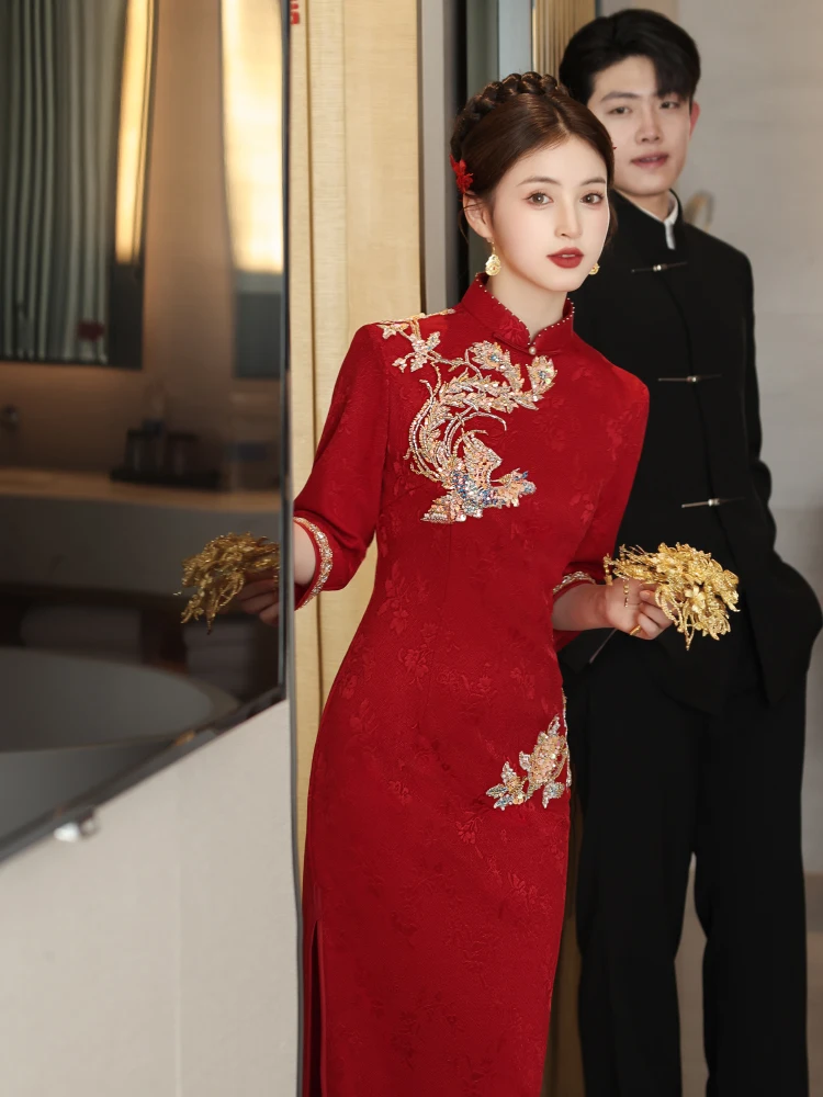 

Red Wedding Embroidered Phoenix Engagement Ceremony Dr New Chinese Sle Long Qipao for Brides ort Sve