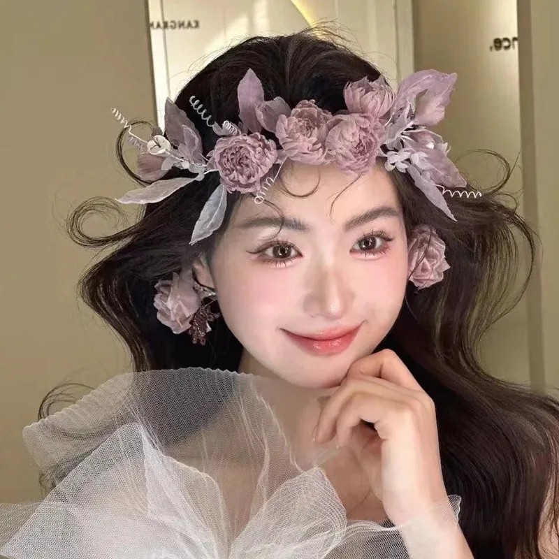 Bridal Hair Accessories Mori Sweet Wedding Garland Leaf Purple Ear Clip Earrings Photo Studio Wedding Dress Photo