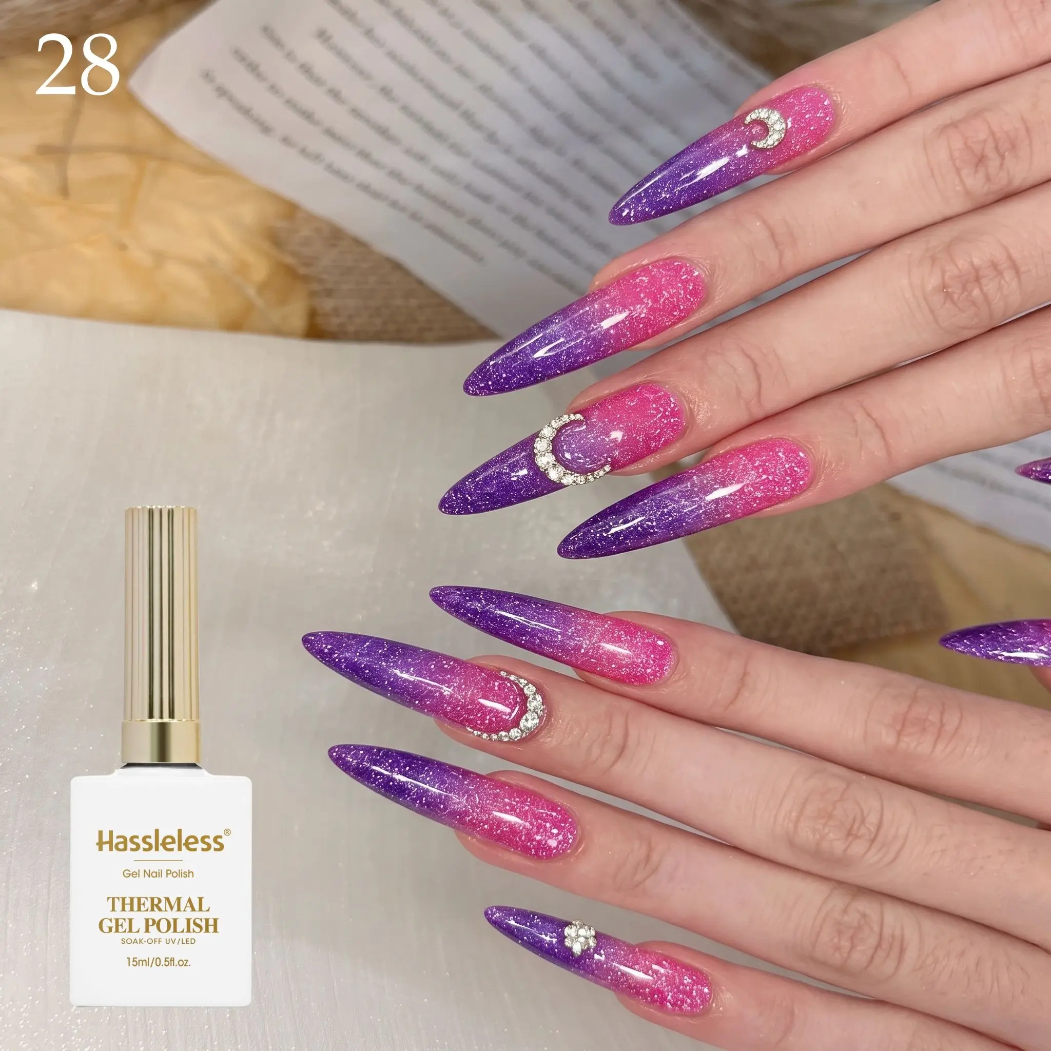 Hassleless 15ml Temperature-Changing Nail Polish, Pink-Purple Fine Glitter Gradient Style, Suitable for Home Nail Art Salon DIY Manicure, Rich Colors and Easy to Use