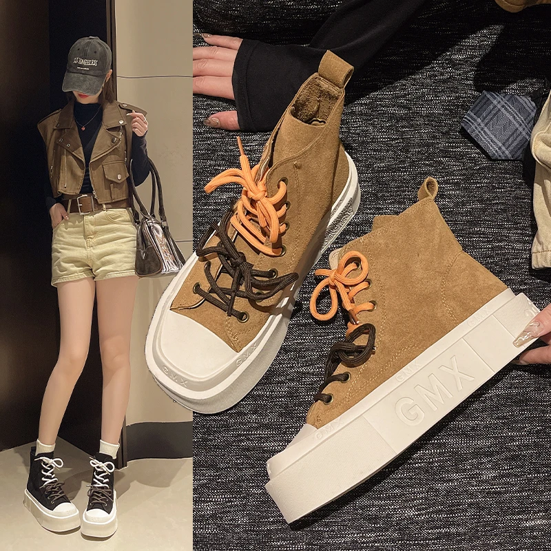 Women High Top Sneakers Lace-Up Casual Plarform Height Canvas Non-slip Wear Resistant 2025 Spring Female Vulcanize Shoes