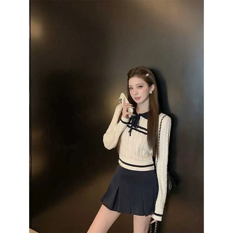 Women Clothing Spring Autumn Fashion Office Lady Simplicity All-match Drawstring Color Blocking Polo Collar Knitting Sweater Pul