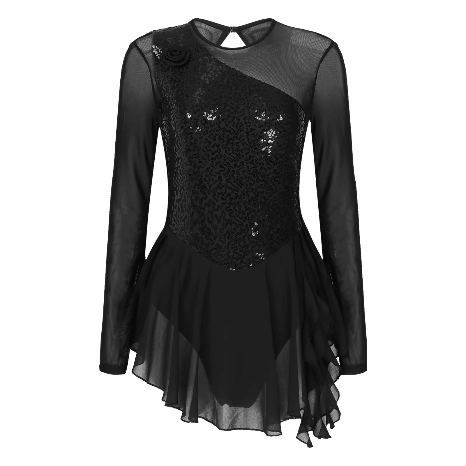 Women Girls Gymnastic Figure Ice Skating Dress Long Sleeves Tulle Splice Cutouts Back Ballerina Ballet Dance Leotard Dancewear