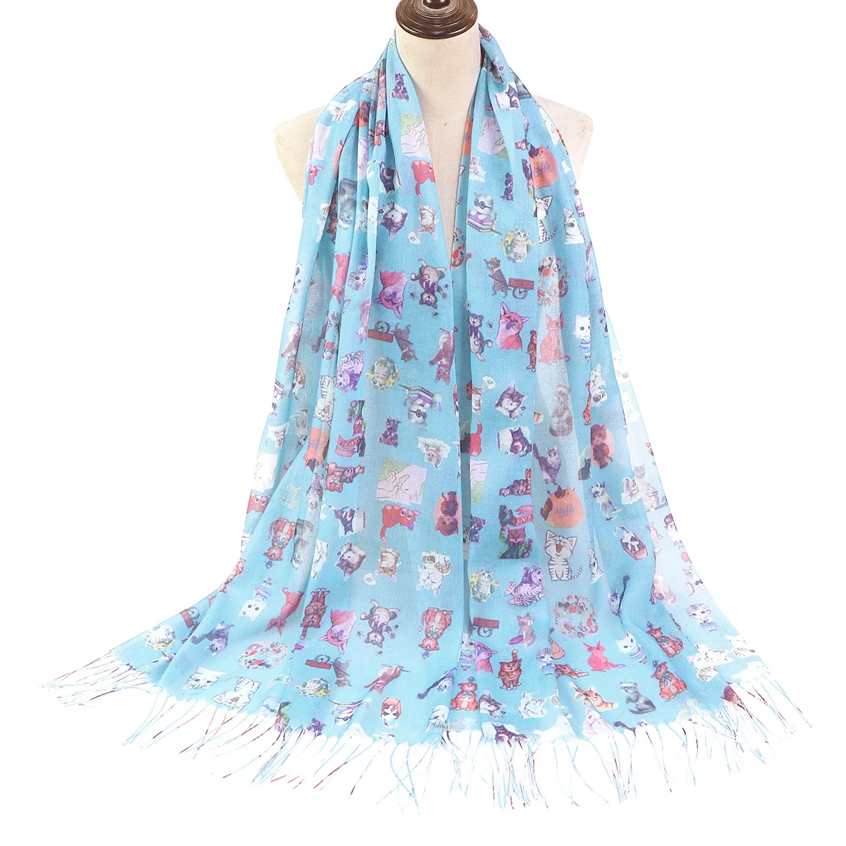 A cartoon animal digitally printed thin sun-proof long tassel decorative scarf and shawl