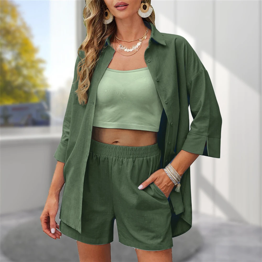 New Fashion Loose Casual Shirt Shorts Women\'s Two Sets 2024 Summer  Outfit Korean Female Clothing Slim Shorts T-shirt Tee Tops