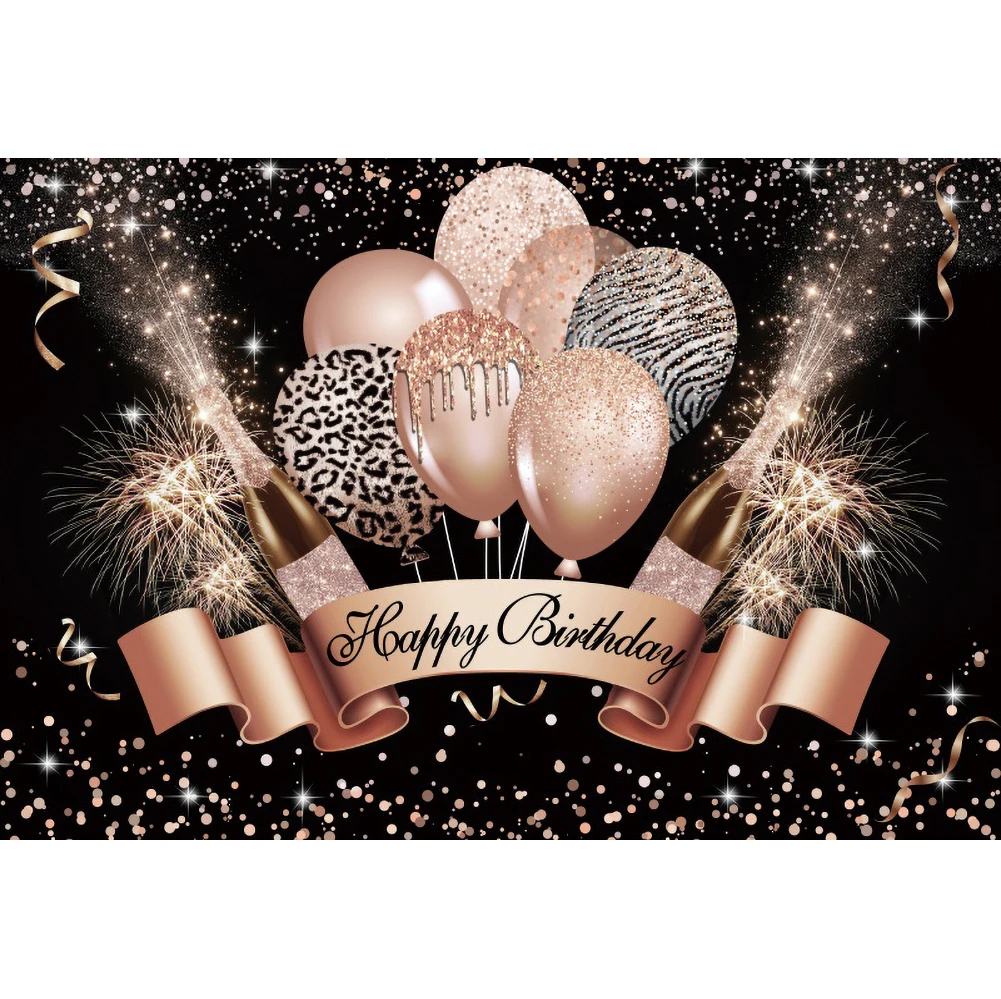 Laeacco สีดำและ Gold Happy Birthday การถ่ายภาพพื้นหลัง Glitters บอลลูนแชมเปญผู้ใหญ่เด็ก Portrait Csutomized ฉากหลัง