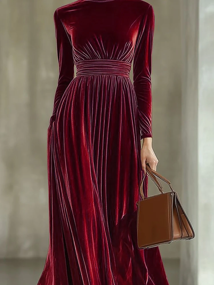 Elegante Luxus Langarm Samt Kleid Temperament Hohe Taille Falten Bankett Kleid Vintage Casual frauen Pendeln Maxi Kleider