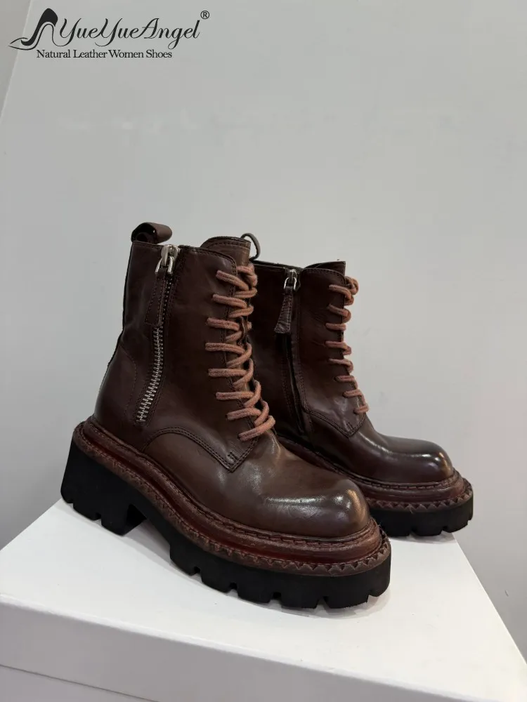 

Женские ботинки-полусапожки из натуральной кожи с круглым носком, на толстой платформе, с увеличением роста, ручной работы, в рыцарском стиле