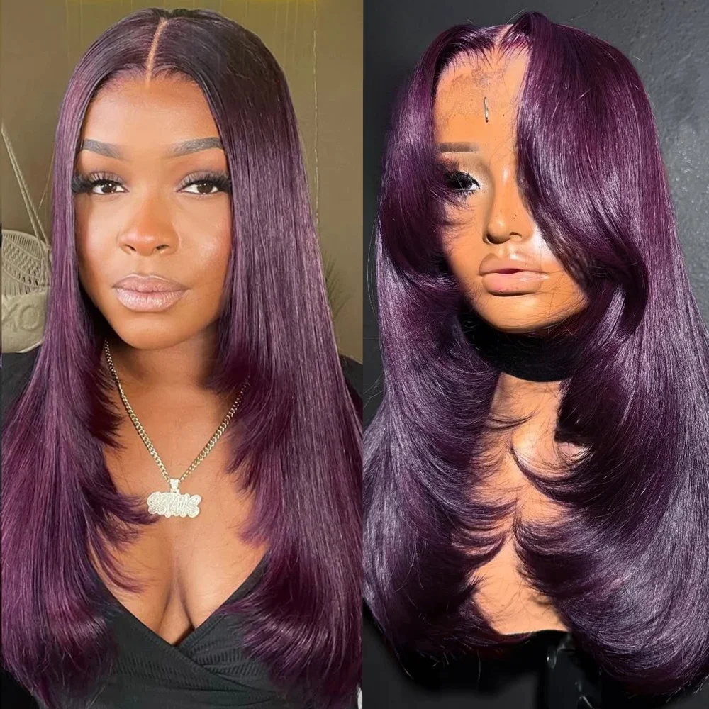 

Фиолетовый парик фронта шнурка 13x4 Бесклеевые многослойные парики шнурка Предварительно выщипанные Hd Кружевной длинный прямой парик для женщин Косплей Ежедневное использование