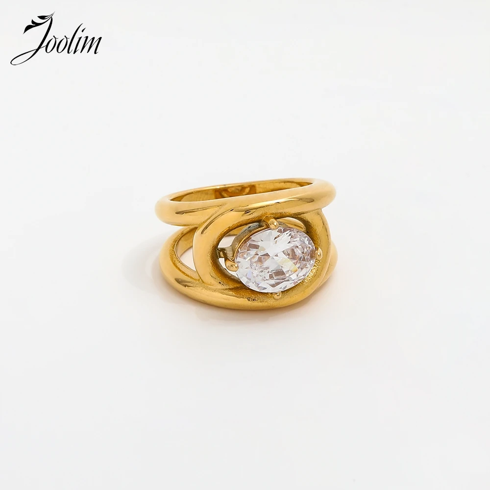 Joolim High End PVD No Fade Fashion Personality Oval Zirconia Irregular Curve Ring for Women Stainless Steel Jewelry Wholesale