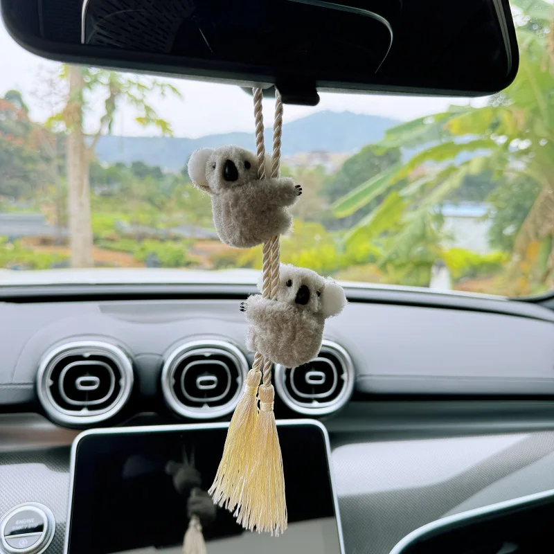 Cute Plush Koala Car Rearview Mirror Hanging Ornament Hugging Koalas Tassel Rope Car Interior Pendant Keychain Decor Gift