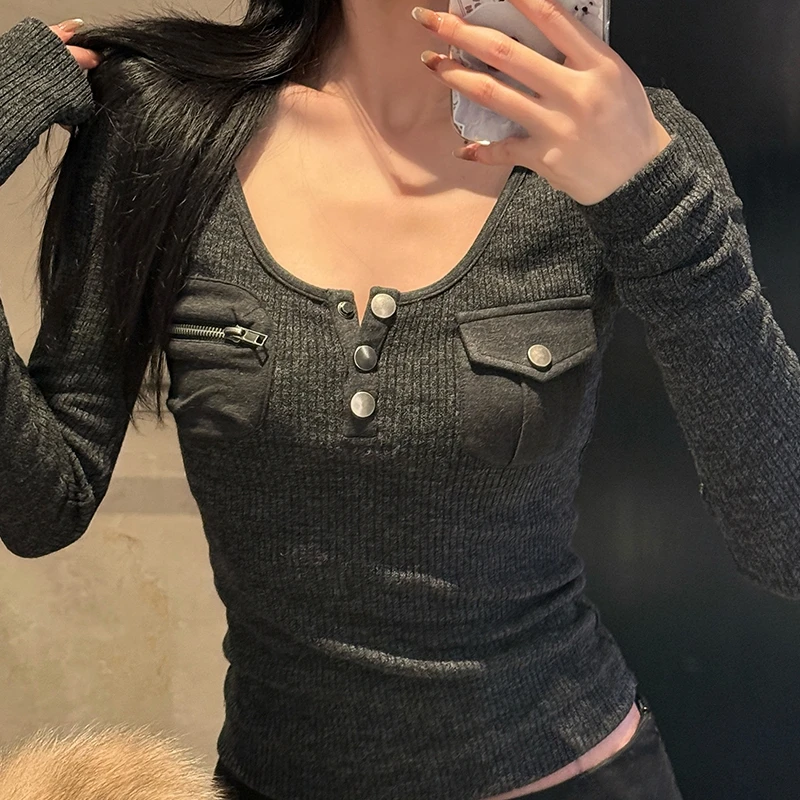 Tonngirls Harajuku Vintage T Shirt Frauen Langarm Dünne Y2k Amerikanischen Retro 90s Crop Tops Streetwear Basci T Tops herbst – Detail 10