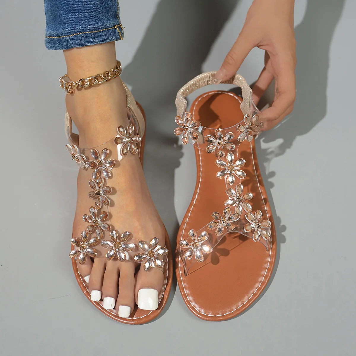 

2026 New Summer Plus Size Rhinestone Butterfly Flower Sandals Fashion Transparent Flat Heel Single Band Shoes Size 41-43