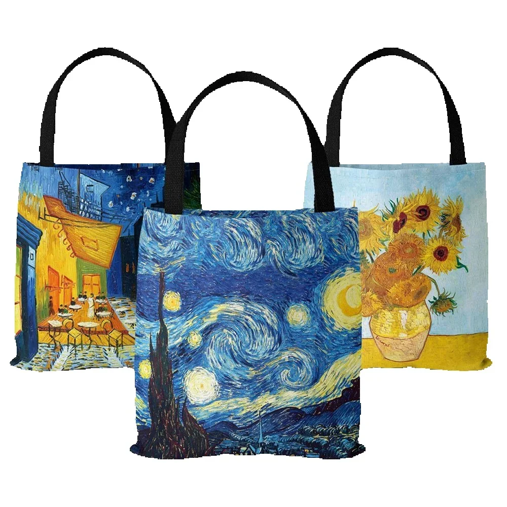 Van Gogh Series Canvas Bag Oil Painting Starry Night Sunflower Apricot Flower Coffee Holder Handbag Lightweight Shoulder Bag