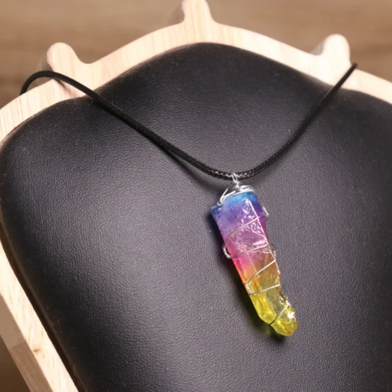 New Jewelry Necklace Natural White Crystal Wrapped Silk Single Crystal Hexagonal Column Color Pendant