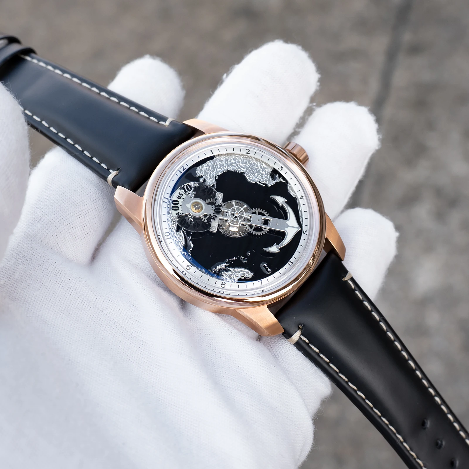 OBLVLO Creative Navigator Map Dial Men's Automatic Watch Fashion Black Dial Calfskin Waterproof Mechanical Timepiece Rejos JM-SS