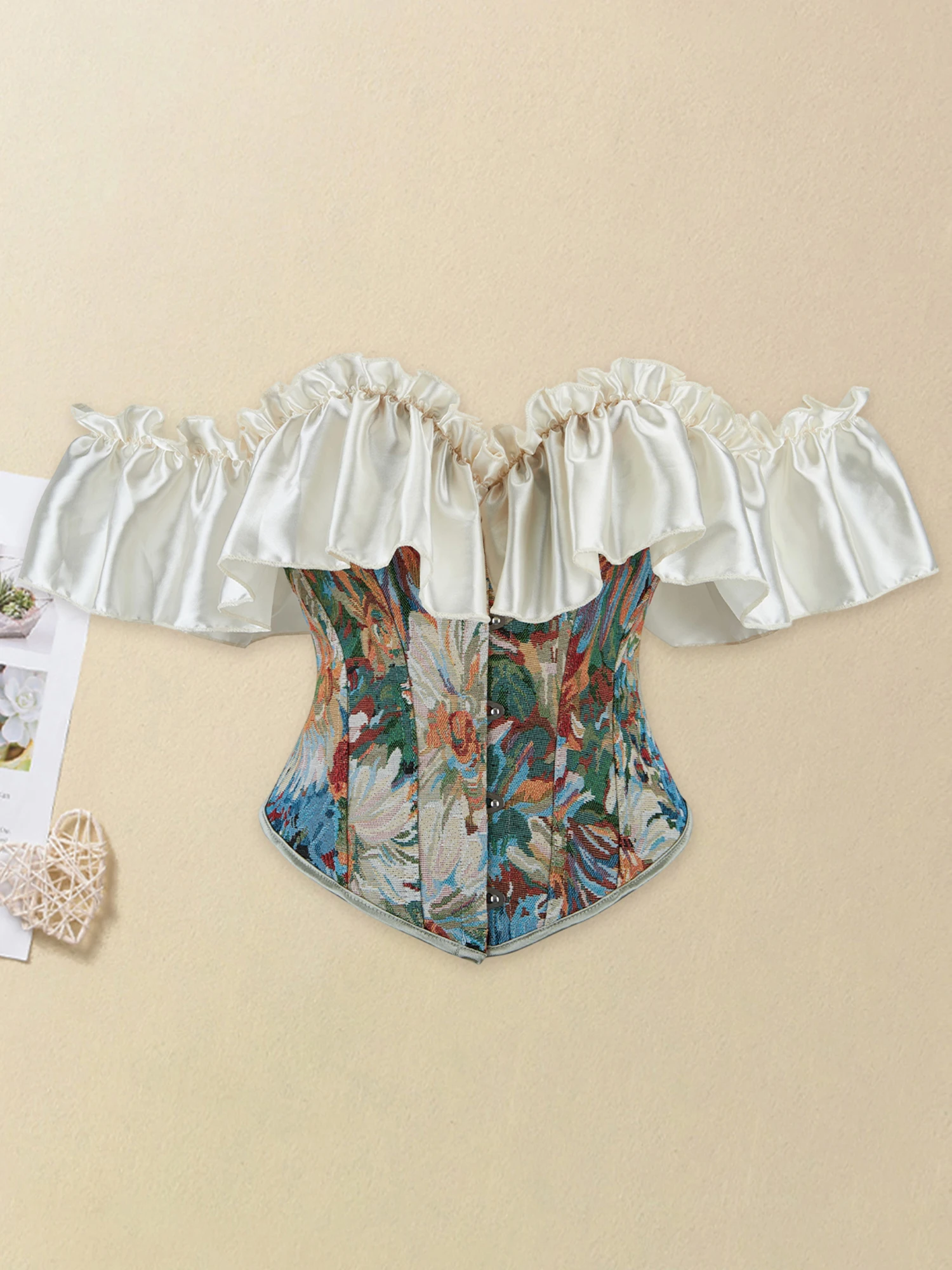 

Elegant Lace Trimmed Corset Top with Puff Sleeves and Floral Embroidery Vintage Style Body Shaping Blouse for Women