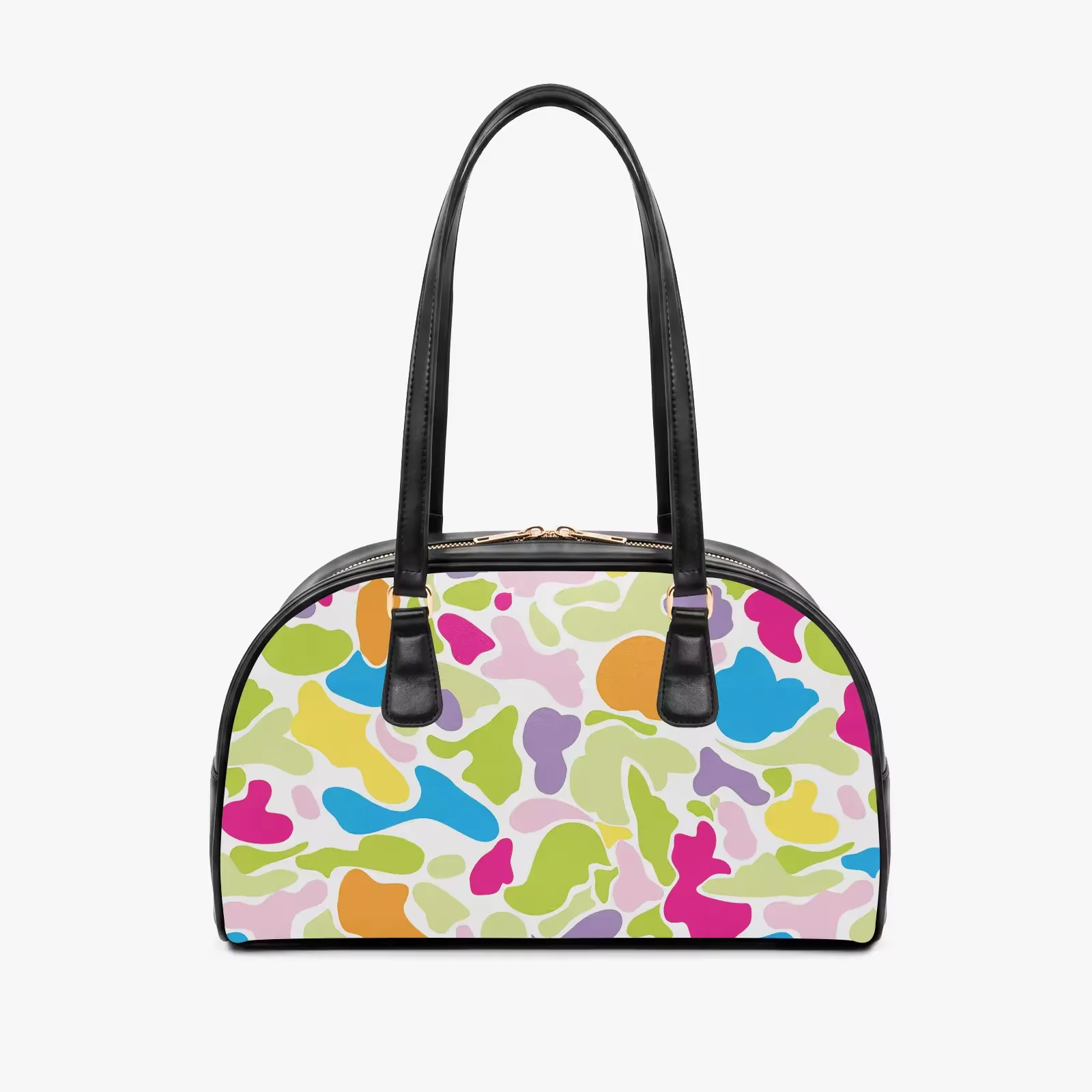 Hot Multicolor Pastel Camo Print PU Dome Boston Travel Shoulder Bowling Bag Women Colorful Abstract Camouflage Handbag Custom