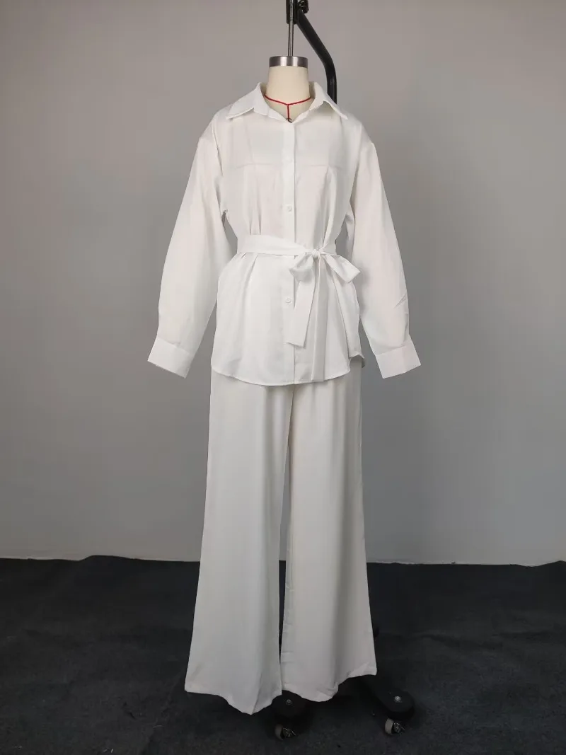 Damen Einfarbiges Strukturiertes 2-Teiliges Outfit Langarm-Hemd mit Taillengürtel Weite Hose Afrikanisch Elegant Täglich Büro Casual Passendes Set – Detail 2