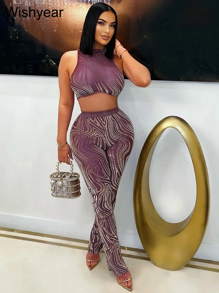 

New Chic Print Outfits Women Sexy Crop Top and Matching Legging Set Two-Piece Pants Set Birthday Night Club Skinny Suits 2025