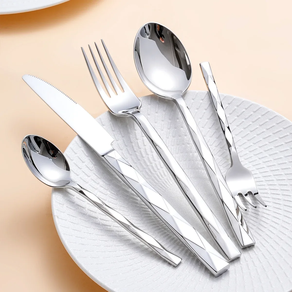Diamond 3D Texture Luxury Stainless Steel Cutlery Set, Creativity Gift Set, Flatware Silver 304, Europe Fashion, Drop Shipping