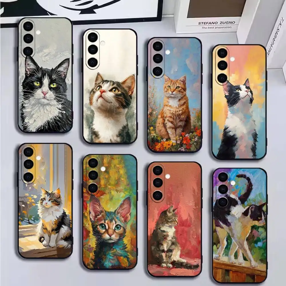 ภาพวาดสีน้ำมันแมวเคสโทรศัพท์สำหรับซัมซุงกาแล็คซี่ A91,80,73,72,71,53,52,32,31,22,21s,20,เคสสีดำนุ่ม