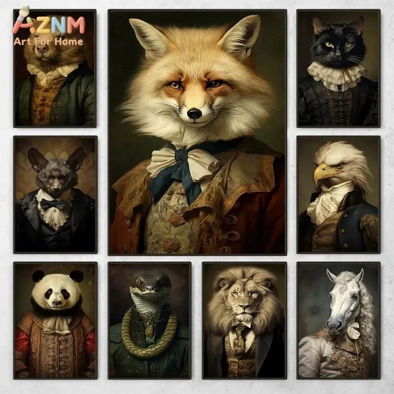 AZNM Vintage Victorian Fox Portrait Canvas Wall Art, Renaissance Anthropomorphic Animal Gentleman Print, Frameless Funny Aristoc
