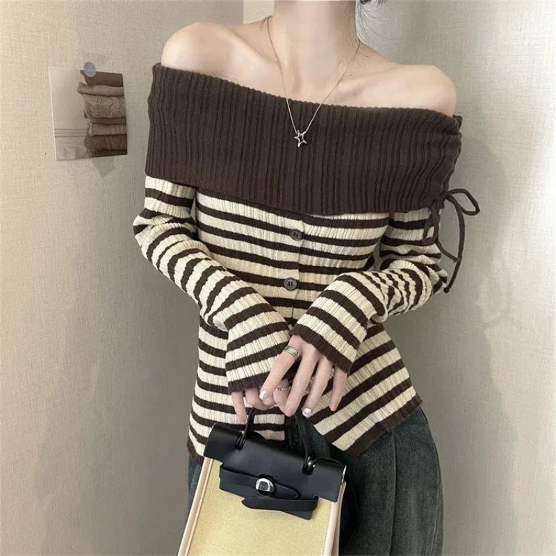 Y2K Off Shoulder Slim Striped Slit Hem Sweaters Autumn Winter Long Sleeve Lacing High Street Pullovers Top Vintage Women Clothes