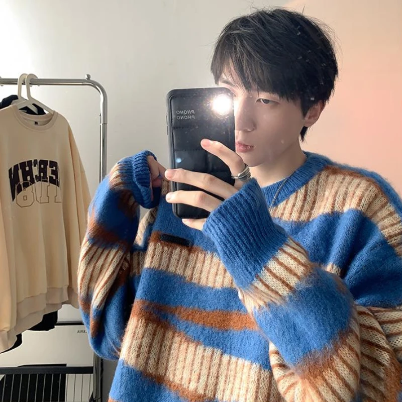 Sweaters Men Stylish Youthful Temperament Autumn Winter Striped Panelled Long Sleeve Korean Style Teenagers Slouchy Pullovers