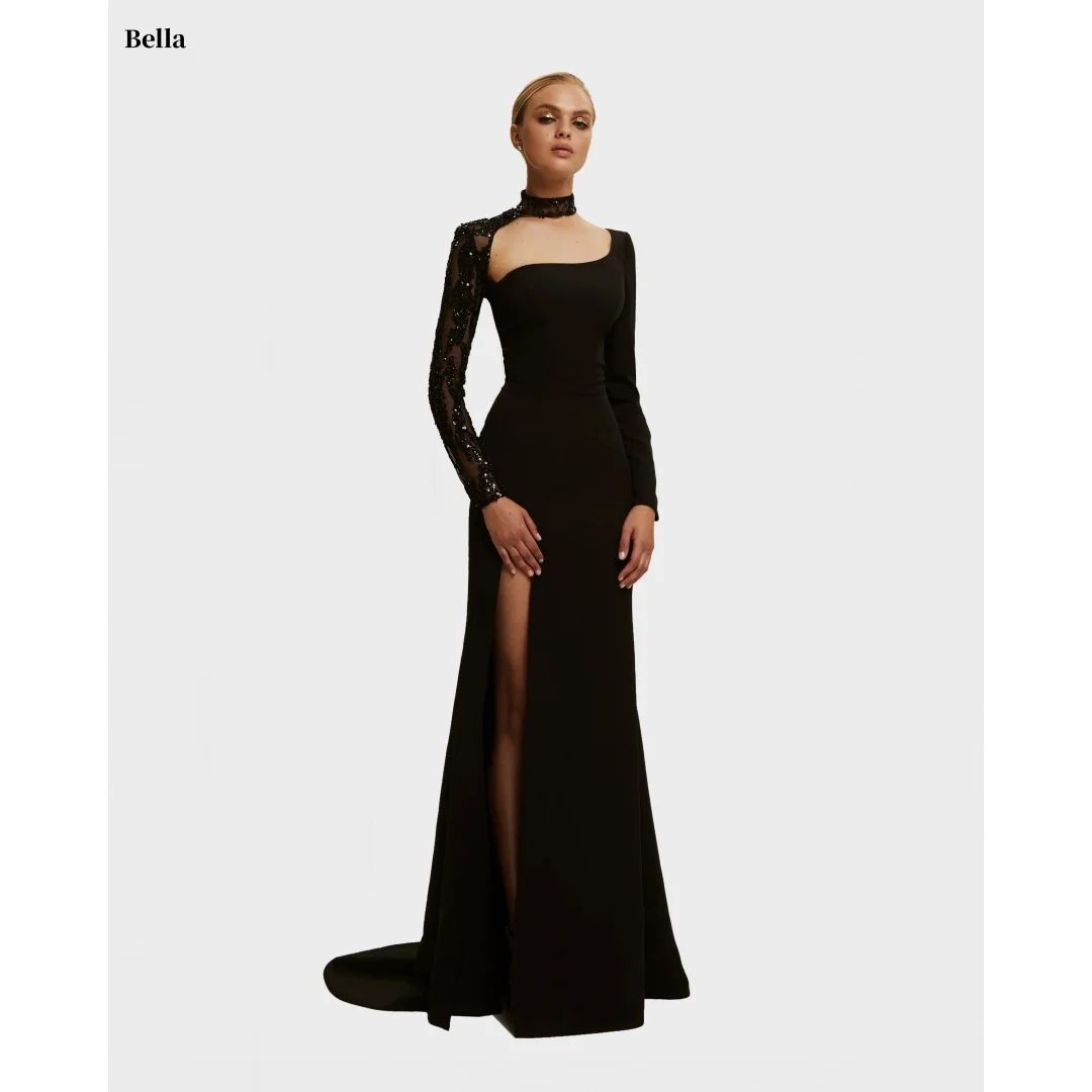 

Bella Customized Black Choker Neck One-sleeve Sequin Lace Slim-fit High-slit Train Floor-length Party Dresses Elegant Prom Dress