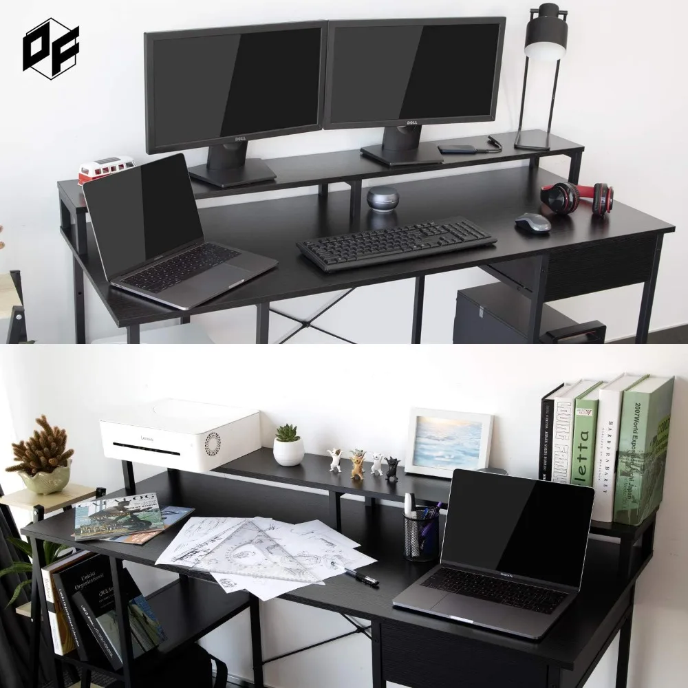 Desktop computer desk furniture with drawers, display brackets, and storage racks