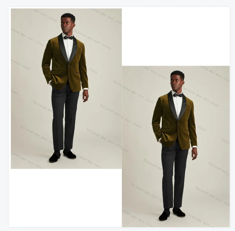 

Dark Green Velvet Men Suits Set 2 Pieces Blazer+Black Cotton Pants Trouser Wedding Tuxedos Jacket Formal Office Autumn Prom Coat