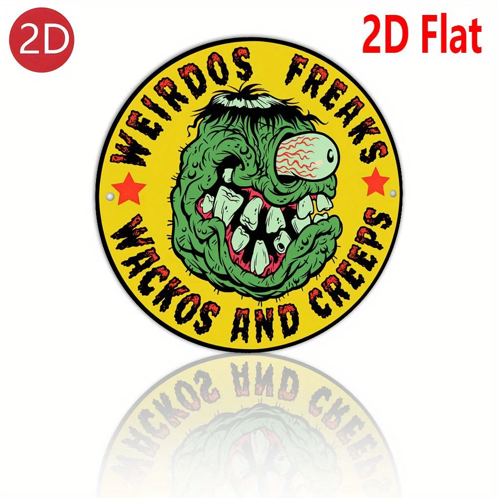 2D Flat, 20,32 x 20,32 cm großes Aluminium-Metallschild – Gothic Horror Monster Wanddekoration mit „WEIRDOS FREAKS WACKOS AND CREEPS“-Text – Ex