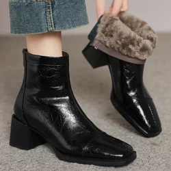 Women's genuine leather wool inside 6cm thick med heel winter ankle snow boots casual female heeled cold weather short booties