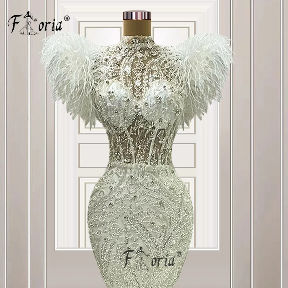 Robe de soirée sirène en dentelle perlée, plumes élégantes, mancherons, paillettes 3D, robe de soirée formelle, fête de mariage, quel que soit