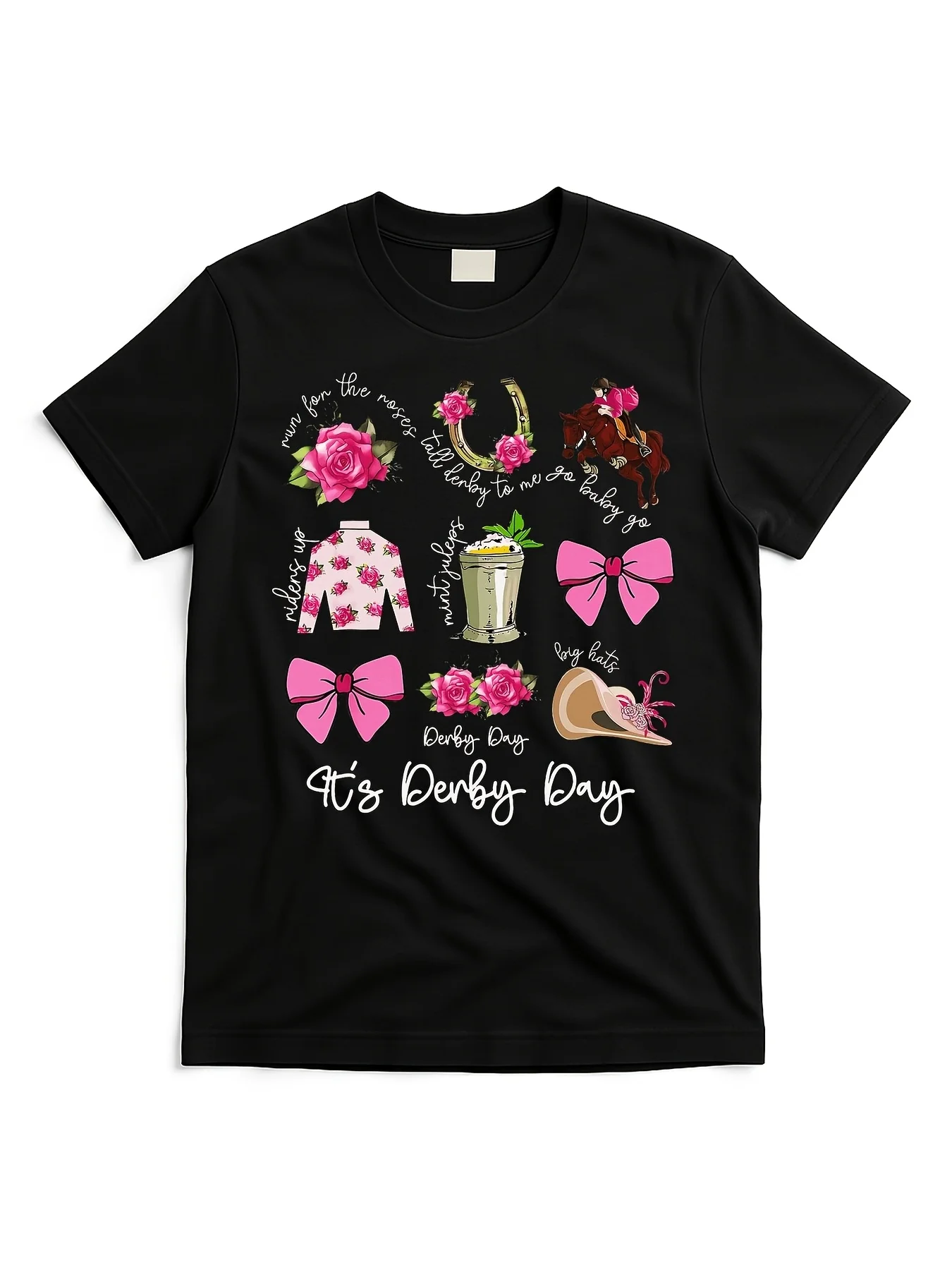 Coquette Mint Julep Big Hat Derby Horse Racing Women'S T-Shirt_Cmj5141801-At_Black_Product_Image PLUS SIZE 2026 The Ideal Carnival Present for Boyfriend Dad Oversized, Short Sleeve Top for Everyday Use, Crew Neck, Drop Shoulder