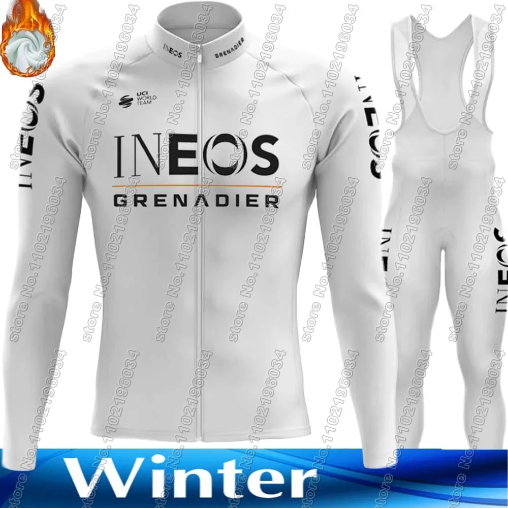 White Ineos Grenadier Winter Team 2024 Cycling Jersey Set Thermal Fleece Clothing Long Sleeve Road Pants Bib Bike Suit MTB Ropa