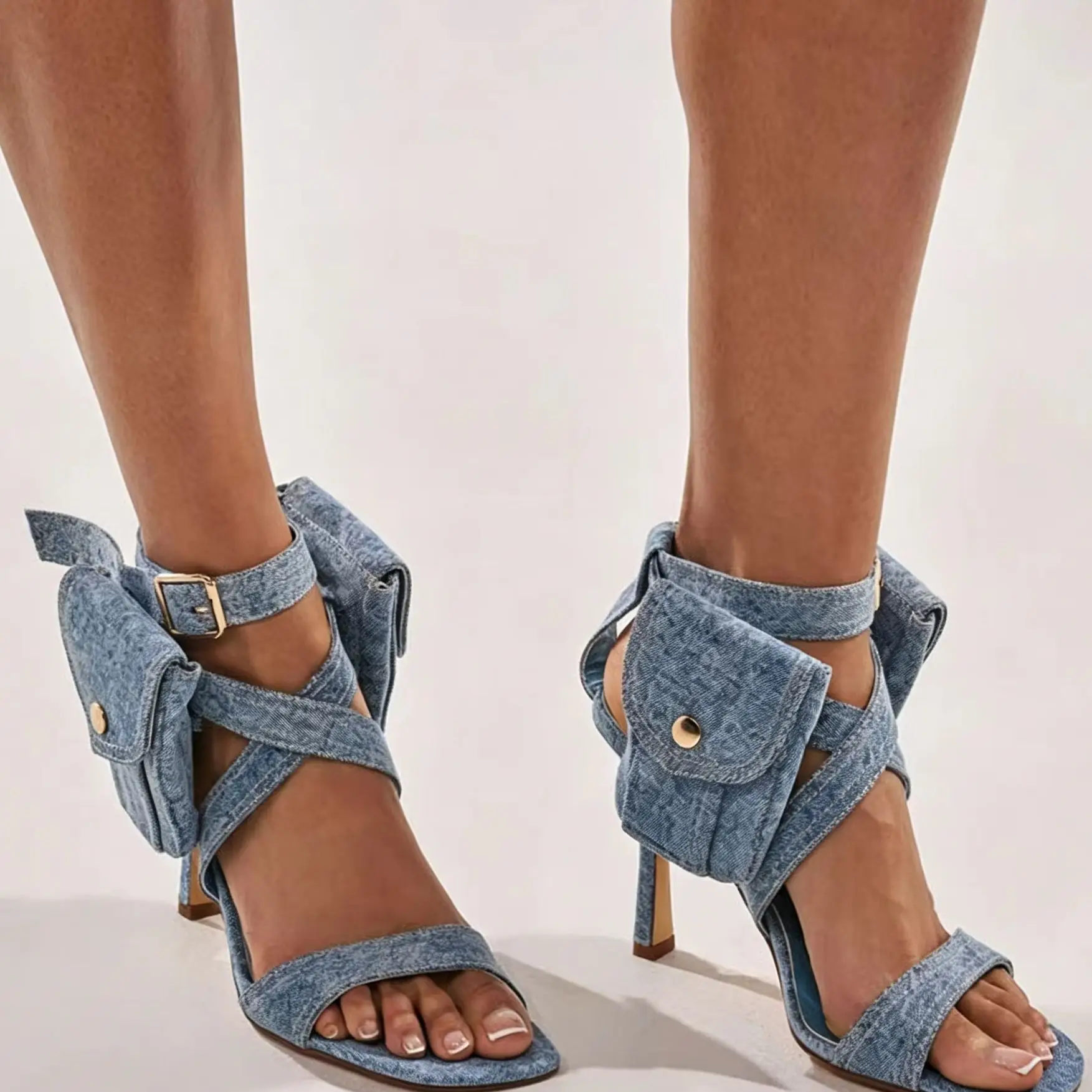 Women Blue Denim Pocket Ankle Strap Sexy Square Toe Stiletto Sandals Y2K Trendy Crisscro Shoesss Thin Heels Ladies Street Party
