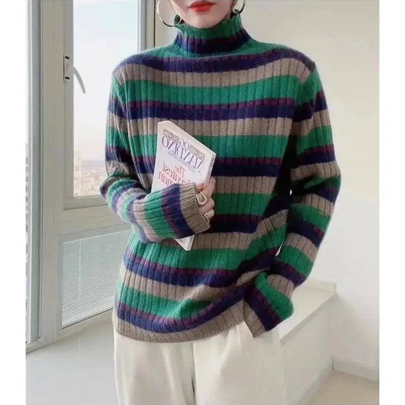 Women Clothing Striped Knitted Sweaters Autumn Winter Thick Warm Loose Casual Pullovers Fashion Soft Comfortable Knitwear Tops