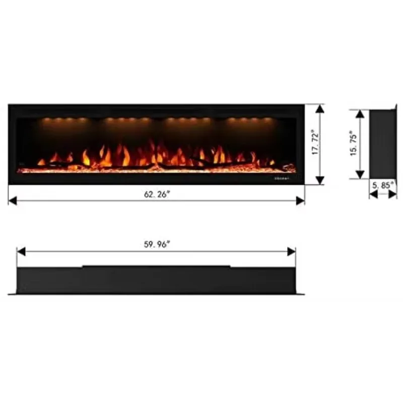 Media Electric Fireplace Heaters, 60 Inches Luxury Fireplace, Modern Recessed and Wall Mounted Fireplaces With Real Frame