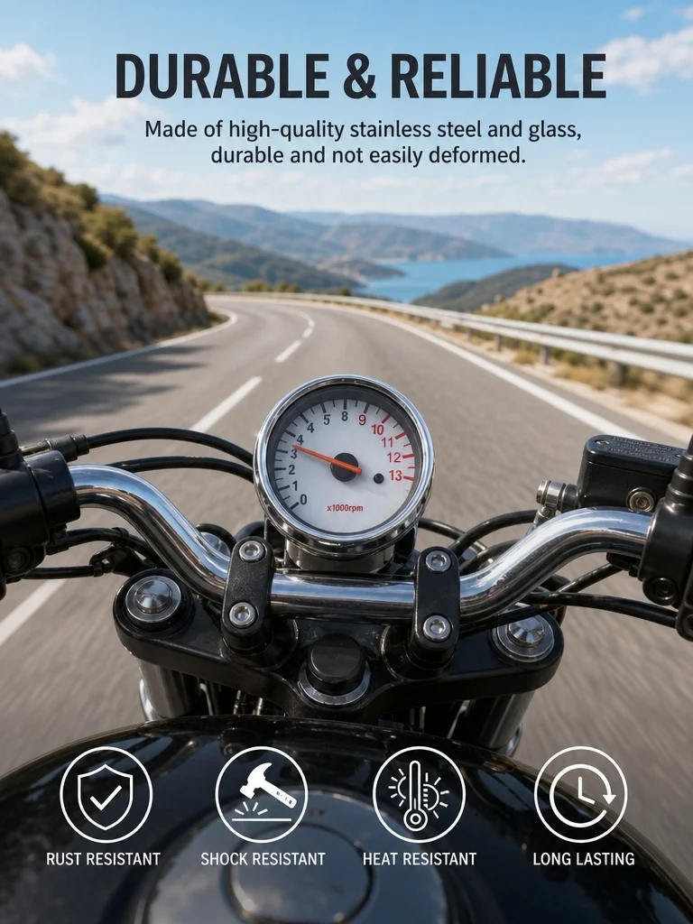12V Universal Motorcycle Electronic Tachometer 0‑13000RPM Pointer Type 5‑Wire Retro Modified RPM Gauge White Dial