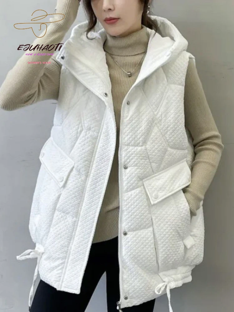 2024 New Women\'s Vest Autumn Winter Hooded Thicken Loose Appear Thin Waistcoat Mid Length Version Down Cotton Sleeveless Jackets