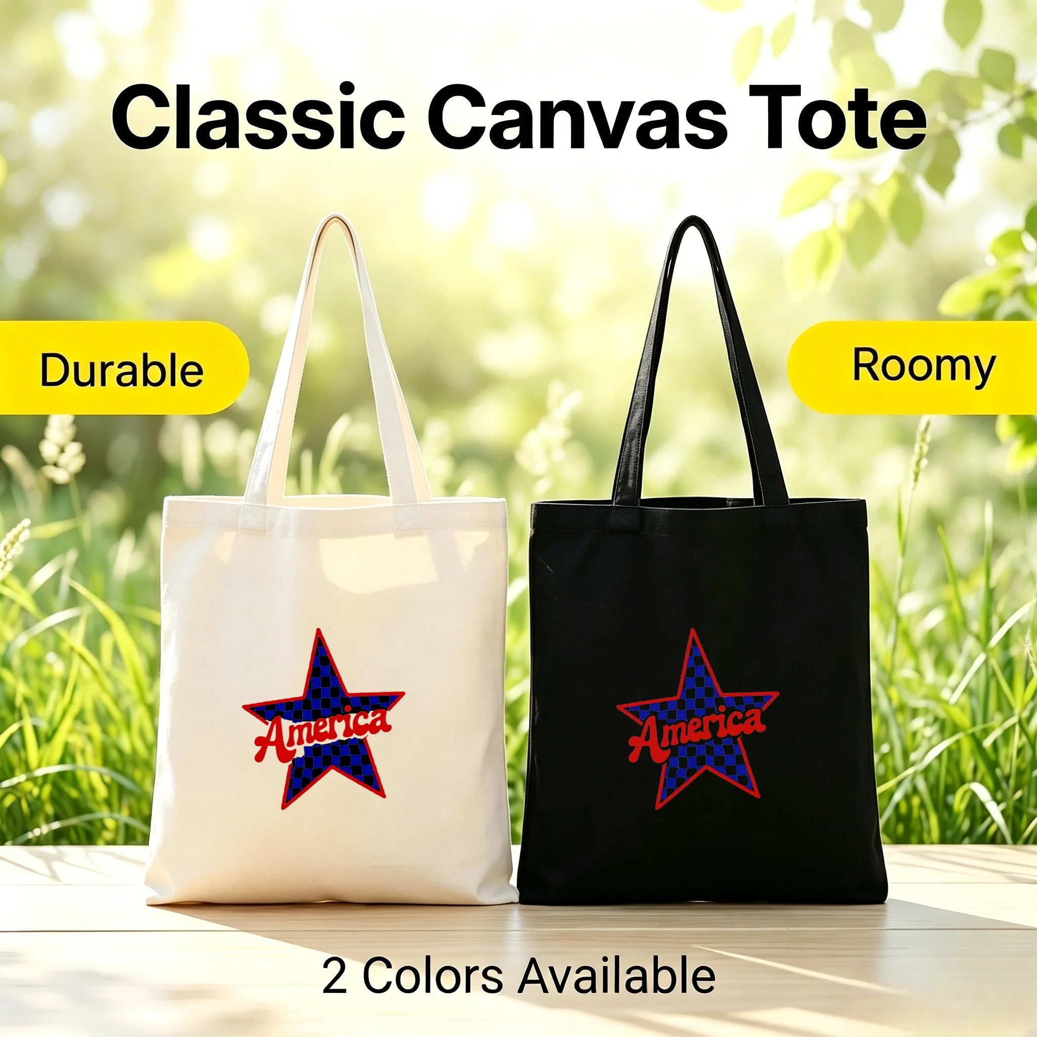 1PC America Checkered Star Canvas Tote Bag Retro USA Reusable Shopping Bag Gift