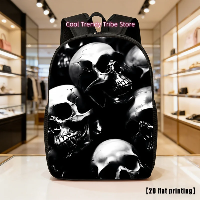 A Unisex Backpack Featuring a Black And White Human Skull Design, Lightweight And Spacious, Equipped with Adjustable Shoulder St